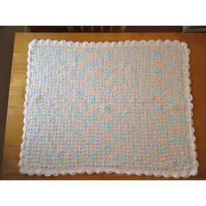 Rainbow Baby Afghan Pink, Yellow, Blue, Green, White w/Scalloped Border 31 x 39